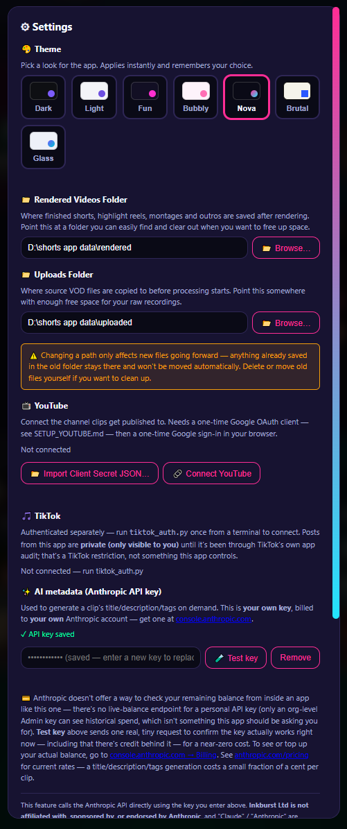 Settings panel