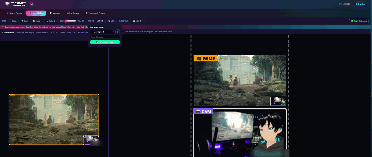 Saved layouts and the Output preview