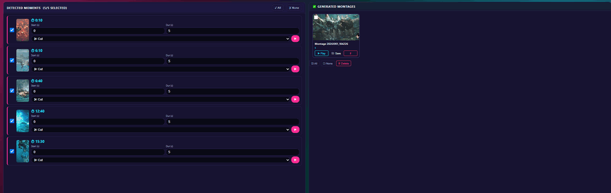 Detected Moments and Generated Montages results