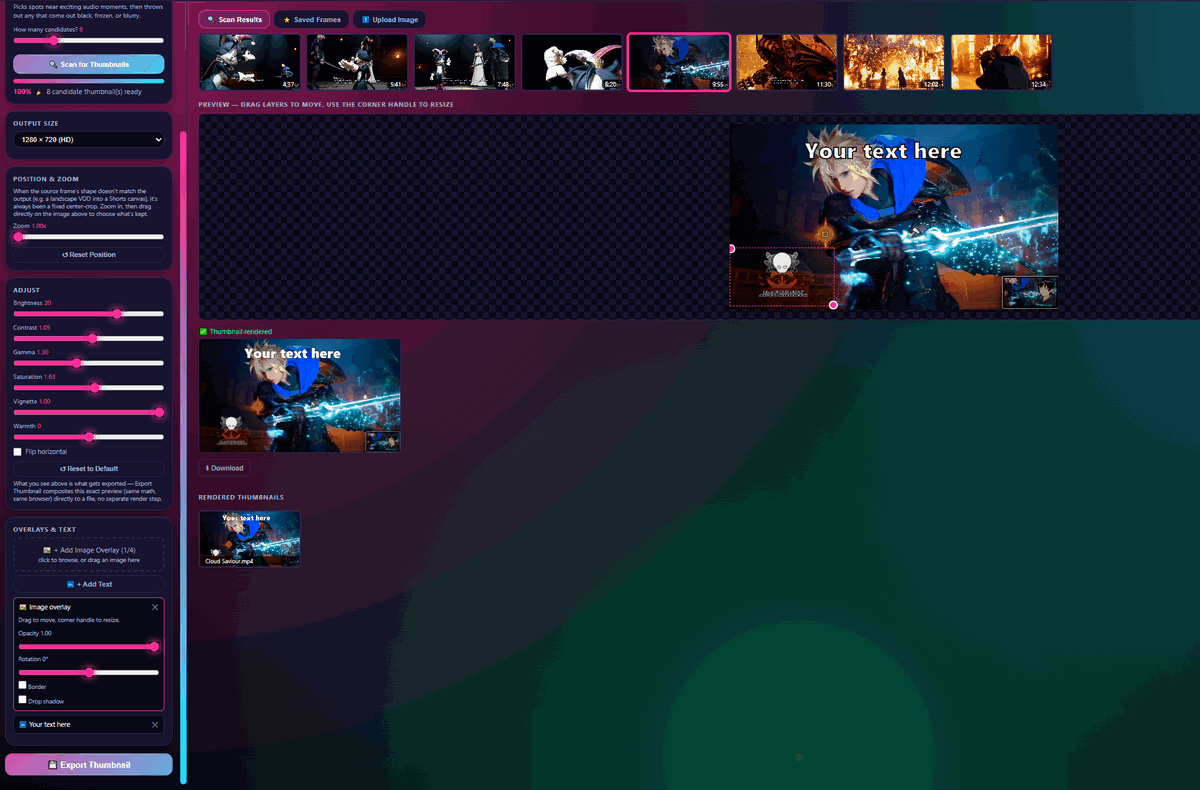 Full thumbnail editor — Position, Zoom, Adjust and Overlays