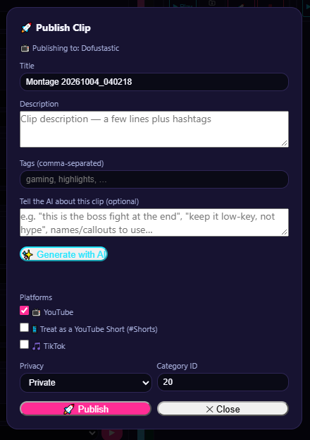 Publish Clip modal with AI metadata generation