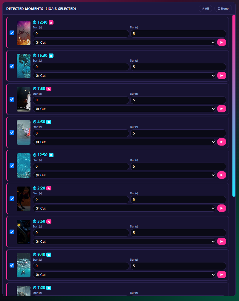 Detected Moments list with start, duration and transition for each clip