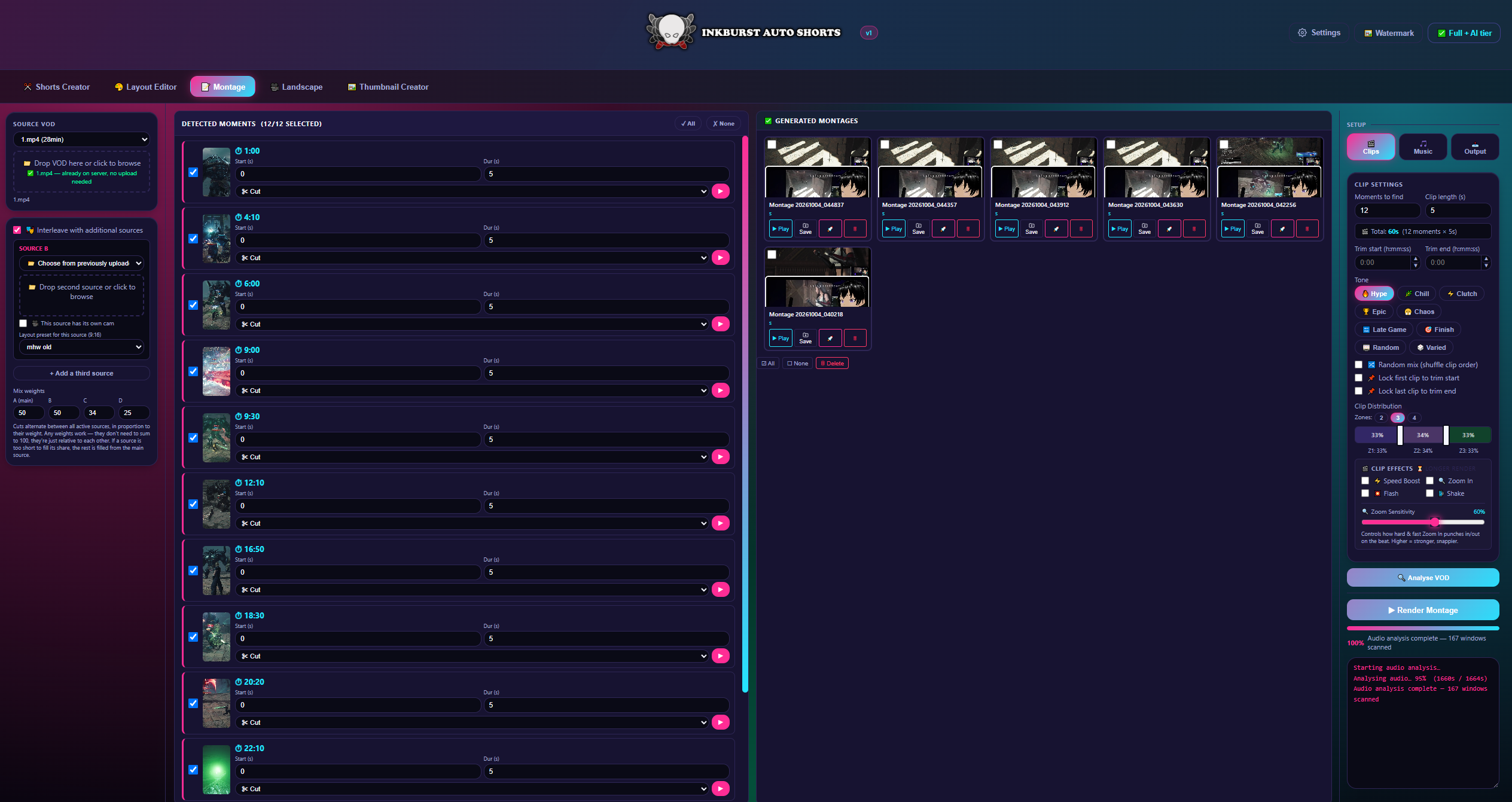 Montage tab with Detected Moments and Generated Montages
