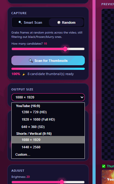 Output size presets