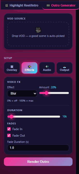 Outro Generator — Effects panel
