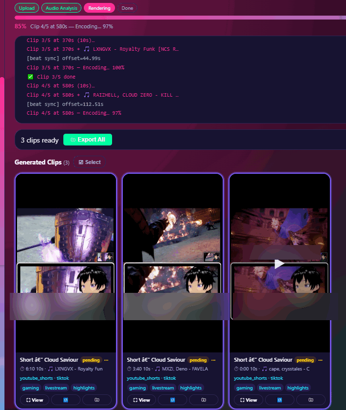 Generated Clips results grid
