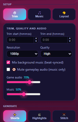 Trim, Quality and Audio panel